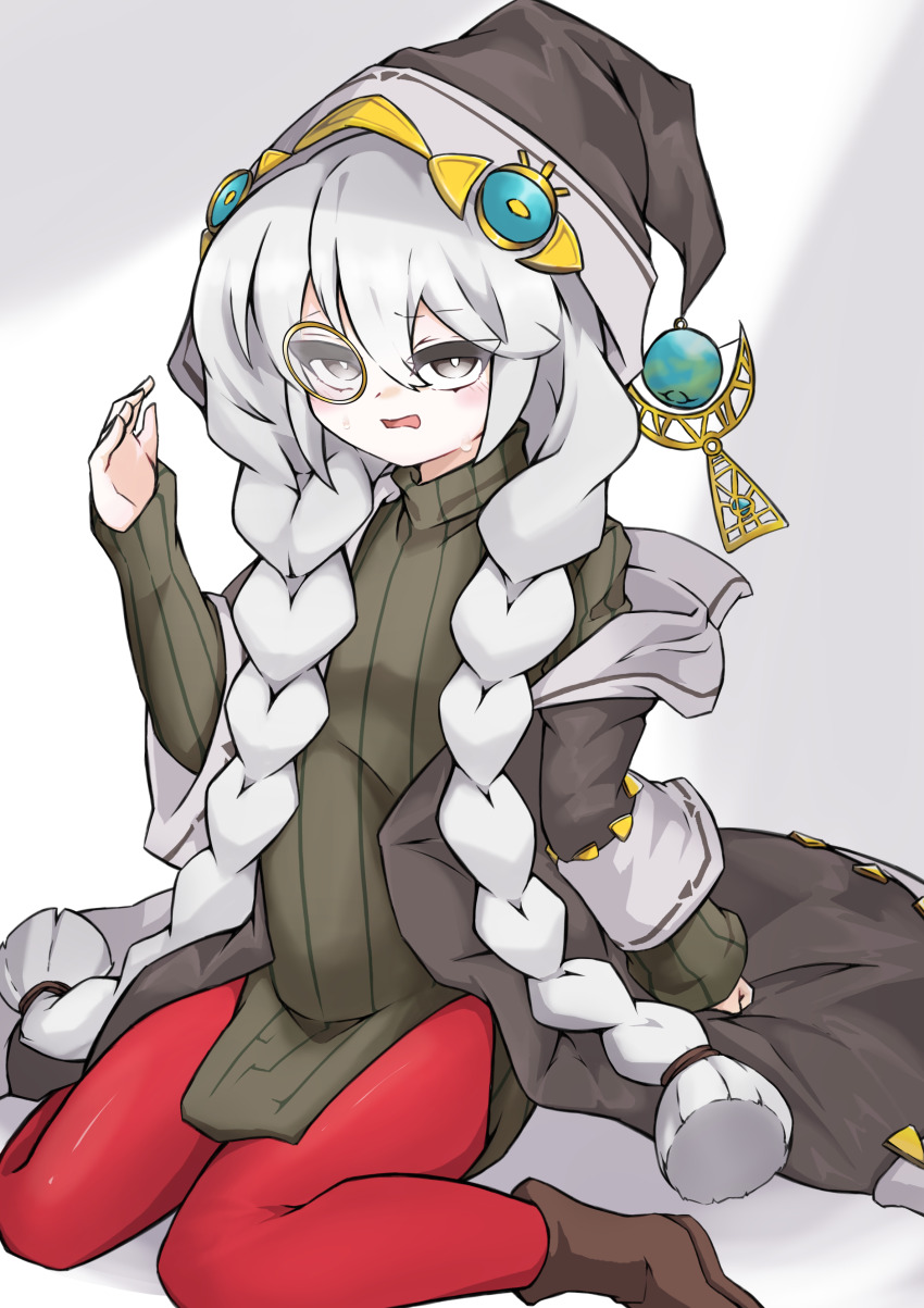 1girl absurdres astellar_of_the_white_forest braided_twintails coat diabellstar_the_black_witch duel_monster eriya_(erizatta0045) grey_eyes grey_sweater hat highres looking_at_viewer low_twintails monocle on_floor sitting solo sweater twintails white_hair witch_hat yu-gi-oh!