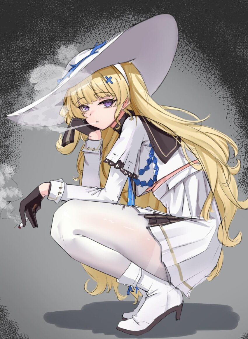 1girl black_gloves blonde_hair blunt_bangs boots breasts cigarette full_body gloves hat high_heel_boots high_heels highres holding holding_cigarette lengkuass long_hair long_sleeves looking_at_viewer out_of_character pantyhose phoebe_(wuthering_waves) purple_eyes shirt skirt smoke smoking solo squatting sun_hat thighband_pantyhose white_boots white_hat white_pantyhose white_shirt white_skirt wuthering_waves