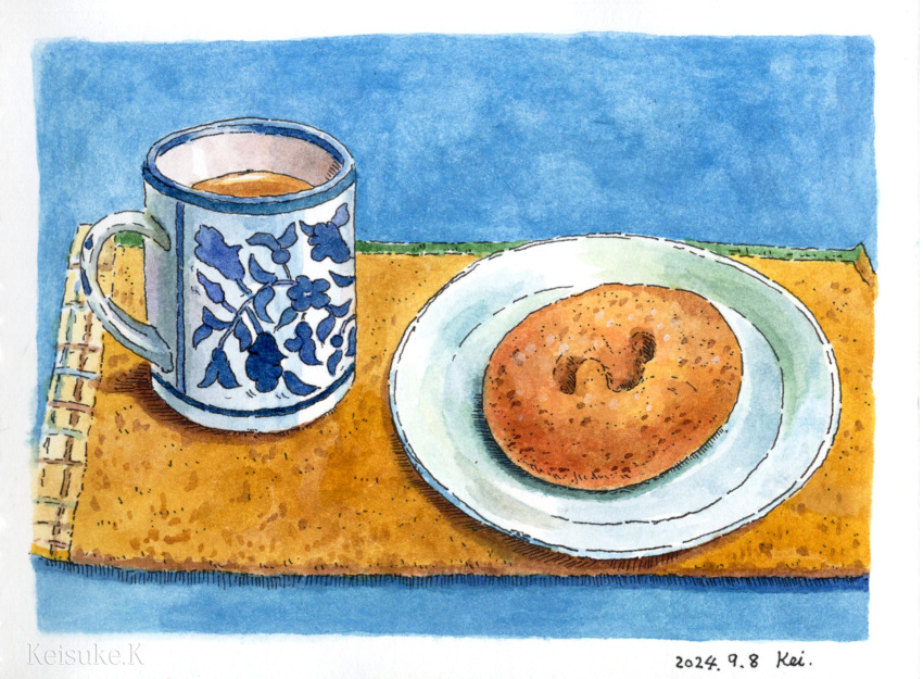 coffee coffee_mug cup dessert donut drink food food_focus highres keisuke_k_(enyahoro) millipen_(medium) mug no_humans original painting_(medium) pen_(medium) plate still_life traditional_media watercolor_(medium)