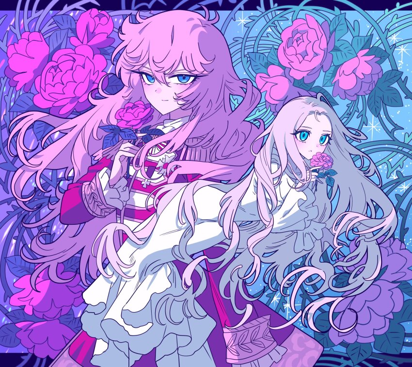 2girls blue_eyes blush brown_hair closed_mouth dress floating_hair flower hair_between_eyes highres holding holding_flower jacket long_dress long_hair long_sleeves marie_antoinette_(versailles_no_bara) meremero multiple_girls oscar_francois_de_jarjayes pink_hair red_flower red_jacket smile versailles_no_bara very_long_hair white_dress