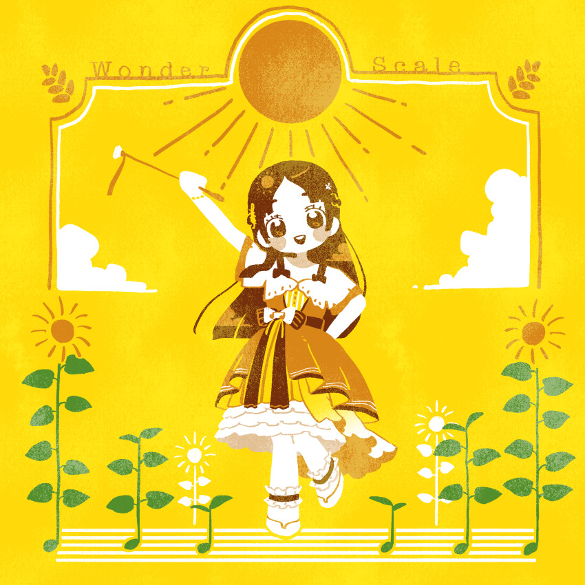 1girl arm_up cloud commentary dress flower frilled_socks frills full_body gakuen_idolmaster highres holding idolmaster kuramoto_china long_hair looking_at_another nama_udon open_mouth parted_bangs short_sleeves smile socks solo standing standing_on_one_leg sun sunflower yellow_background