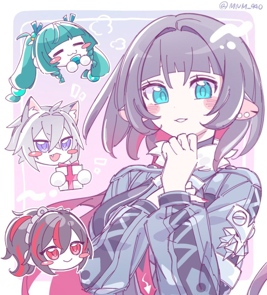 1boy 3girls :3 =_= animal_ear_fluff animal_ears aqua_eyes black_hair blush_stickers box braid breasts cat_boy cat_ears closed_eyes commentary_request crossed_bangs cup fang gift gift_box green_hair grey_hair grey_jacket hair_ribbon highres holding holding_cup jacket jane_doe_(zenless_zone_zero) long_hair mnm_940 mouse_ears mouse_girl mouse_tail multicolored_hair multiple_girls open_mouth parted_lips ponytail qingyi_(zenless_zone_zero) red_eyes red_hair ribbon seth_lowell side_braids streaked_hair tail twitter_username upper_body zenless_zone_zero zhu_yuan