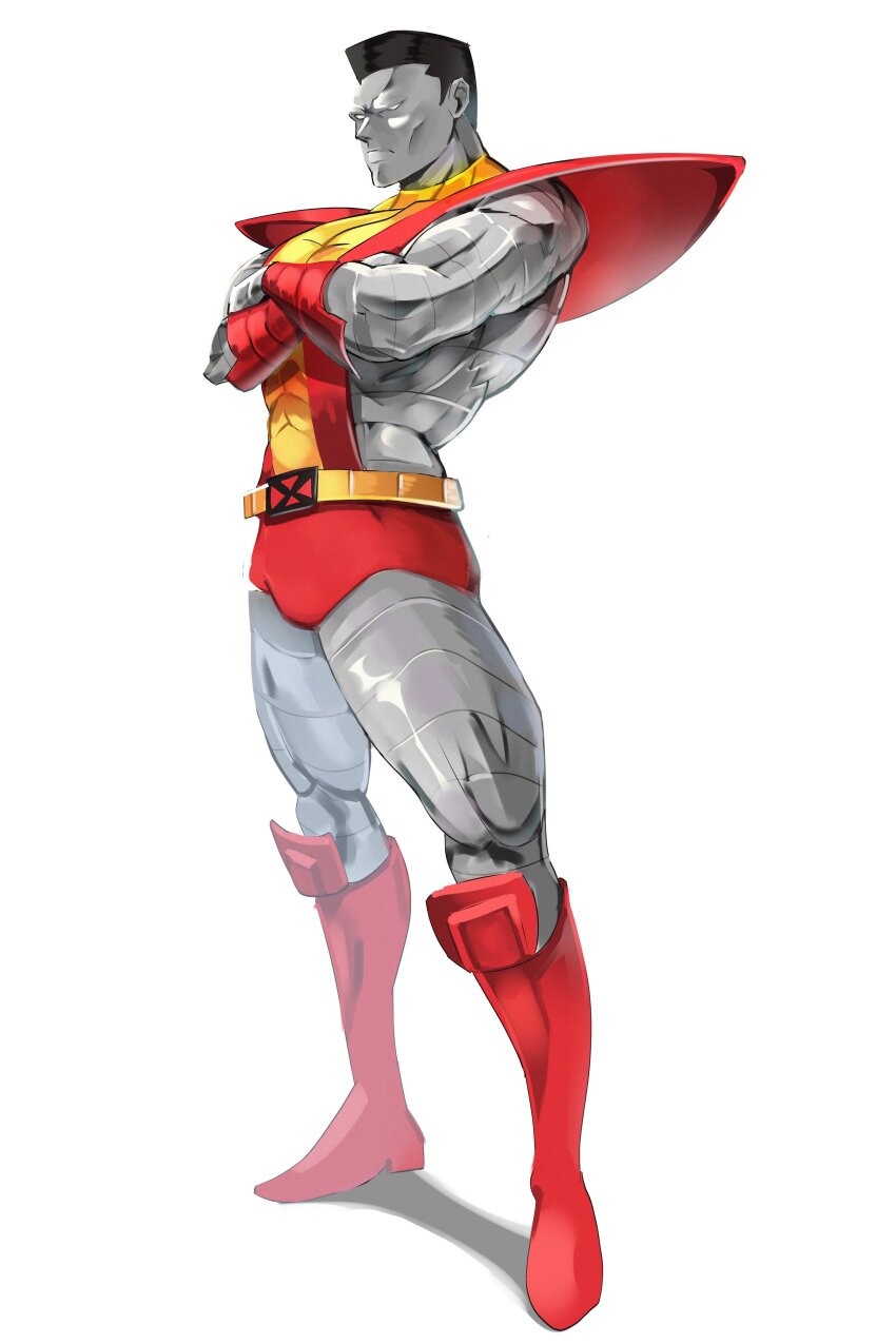 1boy absurdres boots cheymix colossus_(x-men) crossed_arms full_body highres male_focus marvel marvel_vs._capcom metal_skin muscular muscular_male red_boots short_hair simple_background solo white_background x-men