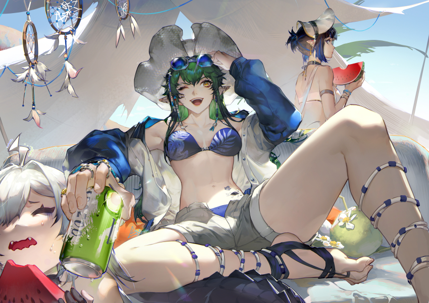 3girls adjusting_clothes adjusting_headwear ahoge alternate_costume arknights bikini black_hair blue_bikini blue_eyes blue_hair blue_jacket blue_sky chestnut_mouth chinese_commentary closed_eyes coconut commentary_request crocodilian_tail eunectes_(arknights) food foot_out_of_frame fruit gavial_(arknights) gavial_the_invincible_(arknights) gavial_the_invincible_(holiday)_(arknights) gradient_hair green_hair grey_hair grey_shorts hand_on_own_head highres holding holding_food jacket jewelry long_hair looking_at_viewer looking_back multicolored_hair multiple_girls multiple_rings official_alternate_costume one_eye_closed open_mouth outdoors ring shorts sitting_on_tail sky smile spade-m spread_legs swimsuit tail tent tomimi_(arknights) unhappy watermelon white_bikini white_headwear white_jacket yellow_eyes