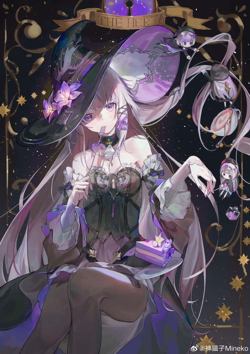1girl absurdres bare_shoulders black_dress black_pantyhose brown_hair cake cake_slice character_name detached_sleeves dress flower food fork hat hat_flower herta_(honkai:_star_rail) highres holding holding_fork honkai:_star_rail honkai_(series) long_hair long_sleeves looking_at_viewer pantyhose plate purple_eyes purple_flower sitting solo the_herta_(honkai:_star_rail) witch_hat wusubamineko