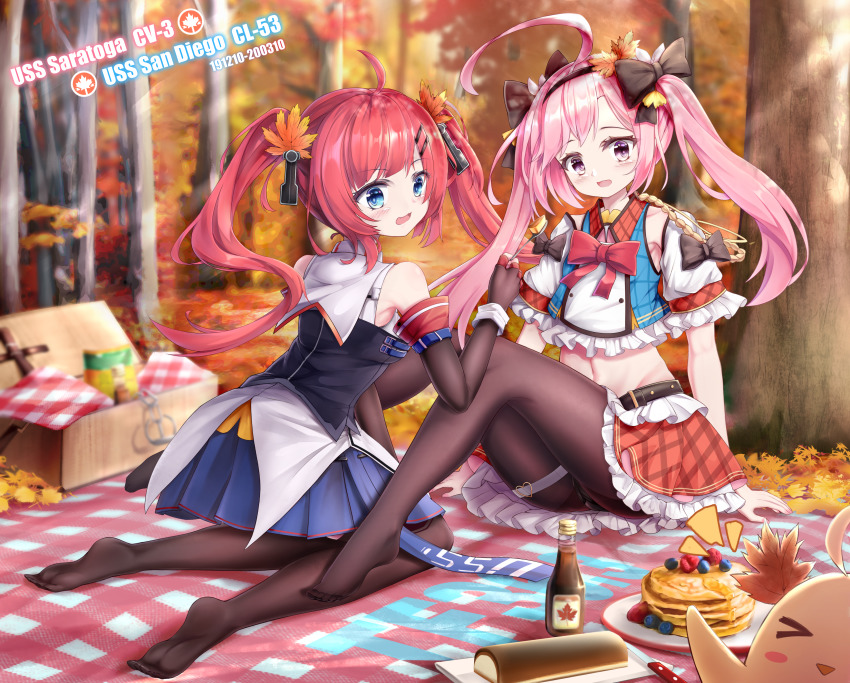 2girls :d absurdres ahoge aiguillette arm_cuffs arm_support armpit_peek autumn autumn_leaves azur_lane bare_shoulders basket belt black_belt black_bow black_hairband black_legwear black_ribbon blanket blue_eyes blue_shirt blue_skirt blueberry blurry blurry_background blush bow breasts character_name collared_shirt commentary_request crop_top dappled_sunlight detached_sleeves elbow_gloves fingerless_gloves food frilled_shirt frilled_skirt frilled_sleeves frills fruit full_body gloves grass groin hair_between_eyes hair_bow hair_ornament hairband hehehzb highres holding holding_spoon huge_ahoge huge_filesize knife large_breasts leaf leaf_hair_ornament light_rays long_hair looking_at_viewer manjuu_(azur_lane) maple_syrup midriff multiple_girls navel no_shoes notice_lines open_mouth outdoors pancake pancake_stack panties panties_under_pantyhose pantyhose photobomb picnic picnic_basket pink_hair plaid_clothes plaid_shirt plaid_skirt pleated_skirt purple_eyes red_hair red_skirt retrofit_(azur_lane) ribbon san_diego_(azur_lane) san_diego_(retrofit)_(azur_lane) saratoga_(azur_lane) saratoga_(retrofit)_(azur_lane) seiza shirt sidelocks sitting skirt sleeveless sleeveless_shirt small_breasts smile spoon strawberry sunbeam sunlight thigh_strap thighhighs tree twintails underwear white_shirt white_sleeves