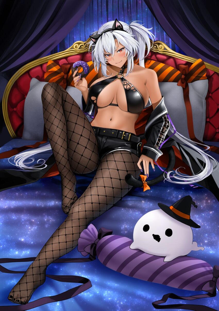 1girl animal_ear_fluff animal_ears bed belt black_jacket black_shorts bow breasts breasts_apart cat_ears cat_tail dark-skinned_female dark_skin donut fake_animal_ears fake_tail feet female_focus fishnet_pantyhose fishnets food ghost hairband halloween hat highres holding holding_food jacket kantai_collection large_breasts long_hair looking_at_viewer musashi_(kancolle) nail_polish navel o-ring o-ring_top orange_bow pantyhose pillow purple_nail_polish purple_nails shorts smile solo stomach tail tail_bow tail_ornament toenail_polish toenails toes white_hair witch_hat yunamaro