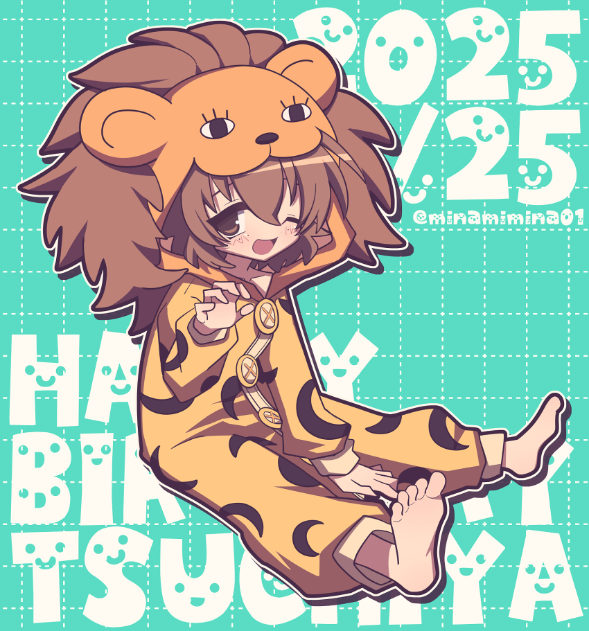 1girl animal_costume animal_hood aqua_background barefoot birthday brown_eyes brown_hair character_name claw_pose commentary dated english_text freckles girls_und_panzer girls_und_panzer_senshadou_daisakusen! happy_birthday highres hood jumpsuit leopon_(animal) looking_at_viewer minami_mina official_alternate_costume one_side_up open_mouth outline short_hair sitting smile solo text_background tsuchiya_(girls_und_panzer) twitter_username white_outline yellow_jumpsuit
