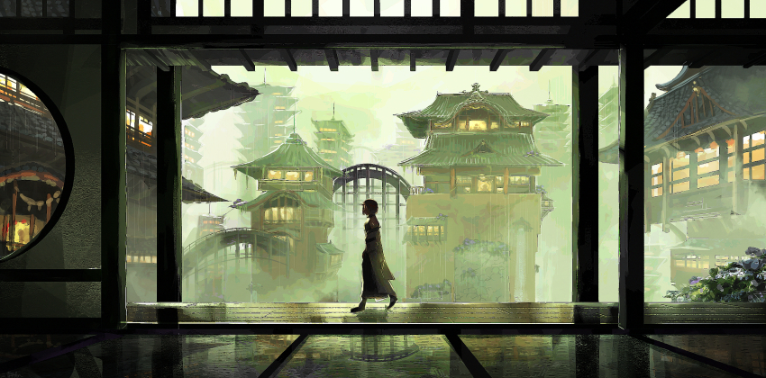 1girl architecture building bush city commentary_request east_asian_architecture flower from_side full_body highres japanese_clothes light_particles moon_gate original outdoors purple_flower scenery shizui_fen short_hair solo