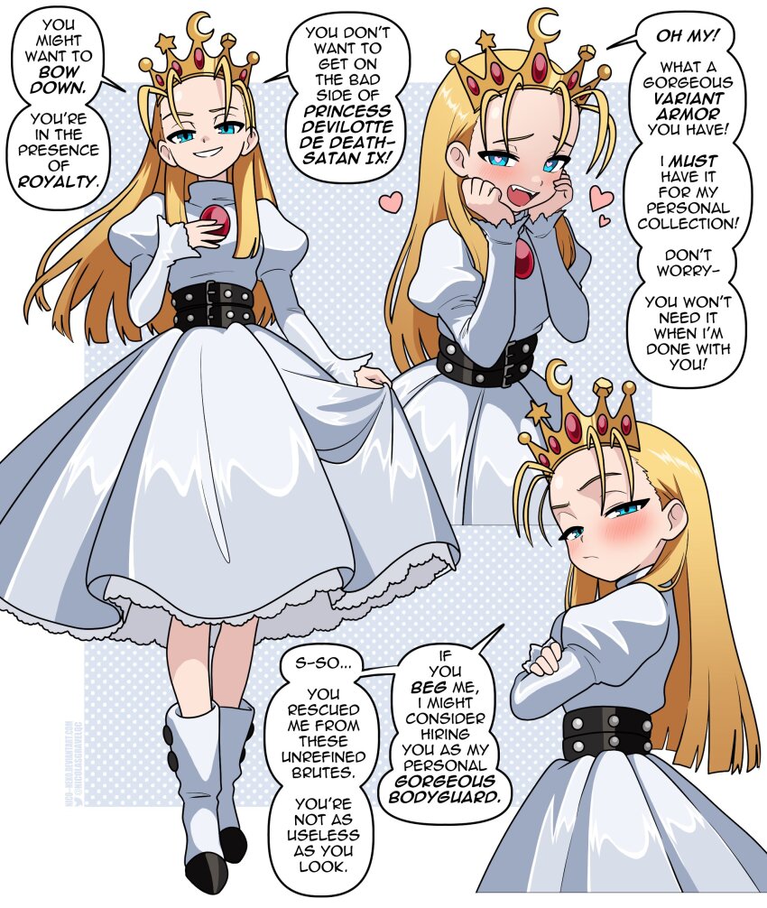 1girl absurdres belt belt_around_waist black_belt blonde_hair blue_eyes blush boots character_name chest_jewel crescent crossed_arms crown cyberbots devilot_de_deathsatan_ix dress english_text fangs forehead full_body furrowed_brow gem grin hair_slicked_back half-closed_eyes hand_on_own_chest hand_up hands_on_own_cheeks hands_on_own_face hands_up heart heart-shaped_pupils highres jeweled_crown juliet_sleeves light_frown long_dress long_hair long_sleeves looking_at_viewer multiple_belts multiple_views nico-neko open_mouth pink_pupils princess puffy_sleeves red_gemstone skirt_hold smile speech_bubble standing star_(symbol) symbol-shaped_pupils teeth tsundere turtleneck turtleneck_dress upper_teeth_only white_dress white_footwear