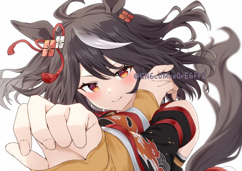 1girl absurdres ahoge animal_ears arms_across_body bare_shoulders black_hair black_sleeves black_tail blurry blurry_background blush bow chanchanko_(clothes) closed_mouth commentary curled_fingers depth_of_field detached_sleeves dress ear_ornament ear_ribbon fingernails highres horse_ears horse_girl horse_tail kitasan_black_(umamusume) kouhaku_nawa layered_sleeves long_sleeves looking_at_viewer outstretched_arm red_eyes rope shimenawa short_hair simple_background single_hair_streak smile solo tail twitter_username umamusume upper_body white_background white_streaks wide_sleeves yamano_rokamizu yellow_dress yellow_sleeves
