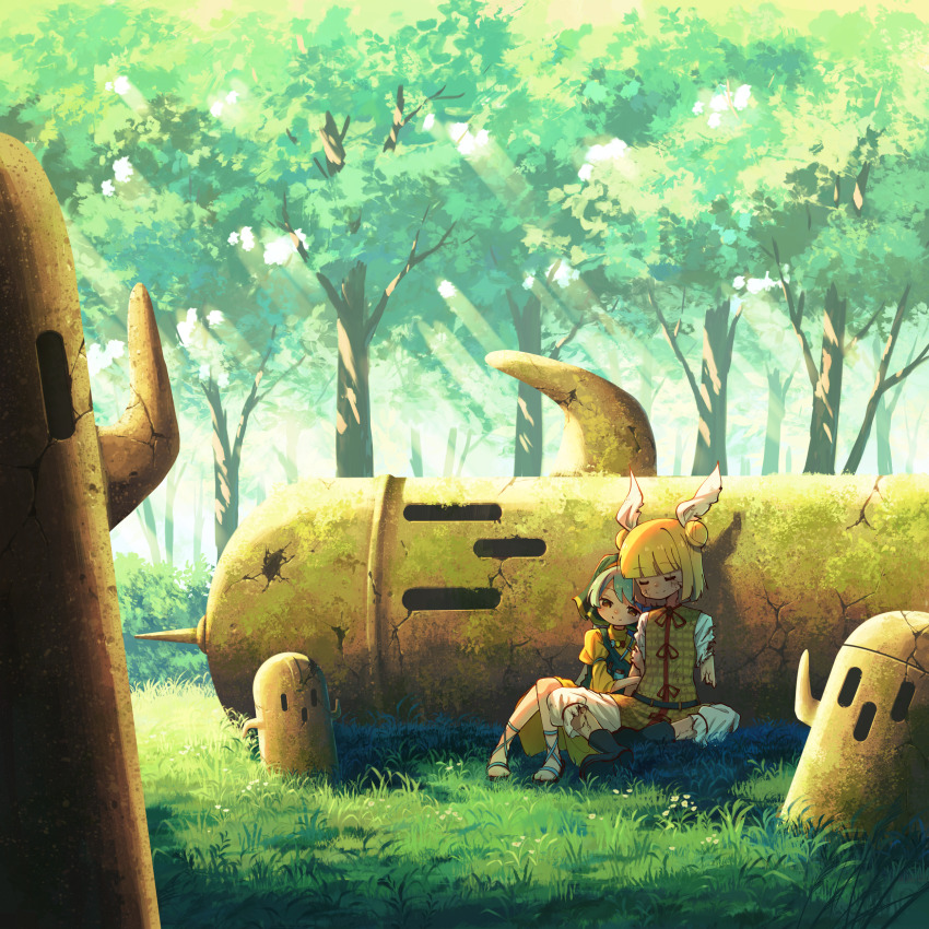 2girls absurdres black_boots blonde_hair blue_hair blue_sandals blunt_bangs blunt_ends boots brown_eyes closed_eyes closed_mouth commentary_request day double_bun dress full_body grass hair_bun hair_ribbon haniwa_(statue) haniyasushin_keiki highres joutouguu_mayumi multiple_girls outdoors ribbon sandals scenery short_hair sitting smile suteruko touhou tree white_ribbon yellow_dress