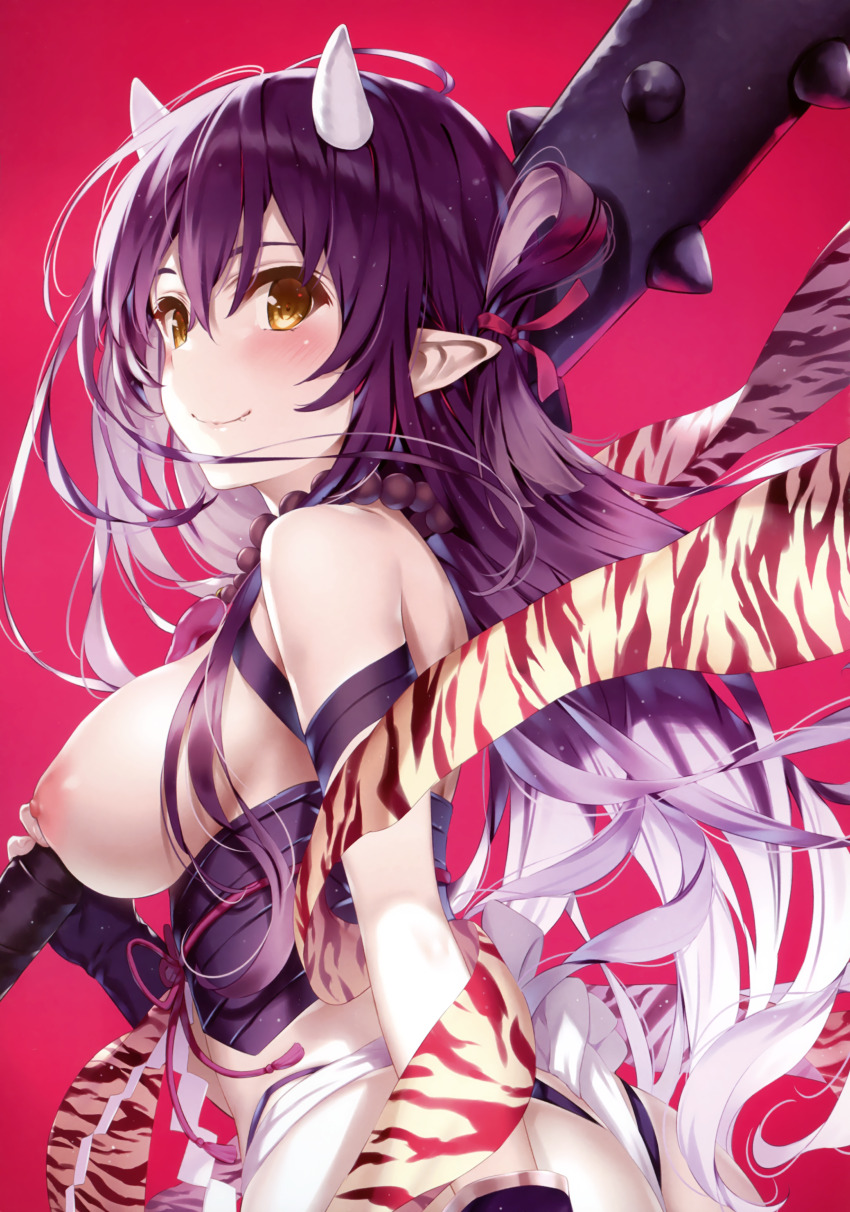 1girl absurdres animal_print bare_shoulders blush breasts closed_mouth comic_aun fang from_side fundoshi gradient_background highres holding holding_weapon horns japanese_clothes jewelry large_breasts lips long_hair looking_at_viewer mace medium_breasts misaki_kurehito necklace nipples oni oni_horns panties pointy_ears purple_hair red_background scan shiny_skin sideboob simple_background smile spiked_mace spikes tiger_print underwear weapon yellow_eyes