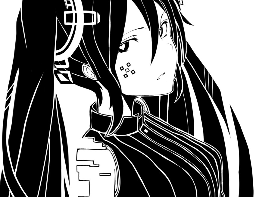 1girl bare_shoulders digital_dissolve facial_mark greyscale hair_between_eyes hair_ornament hatsune_miku hatsune_miku_(append) heart heart-shaped_pupils long_hair looking_at_viewer monochrome parted_lips shirt sleeveless solo striped_clothes striped_shirt symbol-shaped_pupils tsunotsuki_(uguisu_maccha) twintails very_long_hair vocaloid vocaloid_append