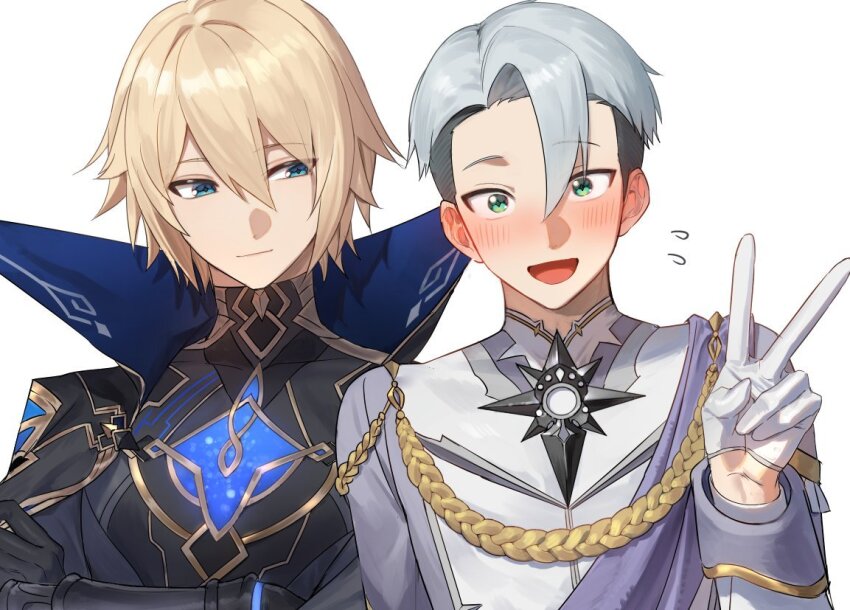 2boys aiguillette black_cape black_gloves black_jacket blonde_hair blue_eyes blush cape closed_mouth collared_cape commentary_request crossed_arms dainsleif_(genshin_impact) embarrassed fingerless_gloves flying_sweatdrops genshin_impact gloves gold_trim green_eyes grey_hair grey_shirt hair_between_eyes halfdan_(genshin_impact) hand_up jacket long_sleeves looking_at_another looking_at_viewer male_focus moemoenomori multicolored_shirt multiple_boys open_mouth popped_collar shirt short_hair sideways_glance simple_background smile two-sided_cape two-sided_fabric undercut upper_body v white_background white_shirt