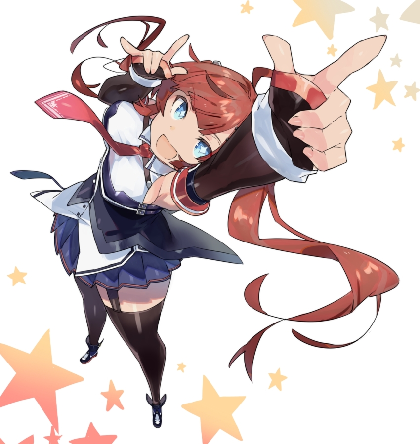 1girl ahoge azur_lane blue_eyes breasts cleavage highres large_breasts long_hair necktie open_mouth pointing pointing_up red_hair san_diego_(azur_lane) san_diego_(retrofit)_(azur_lane) shirotae_moyashi skirt smile star_(symbol) thighhighs twintails