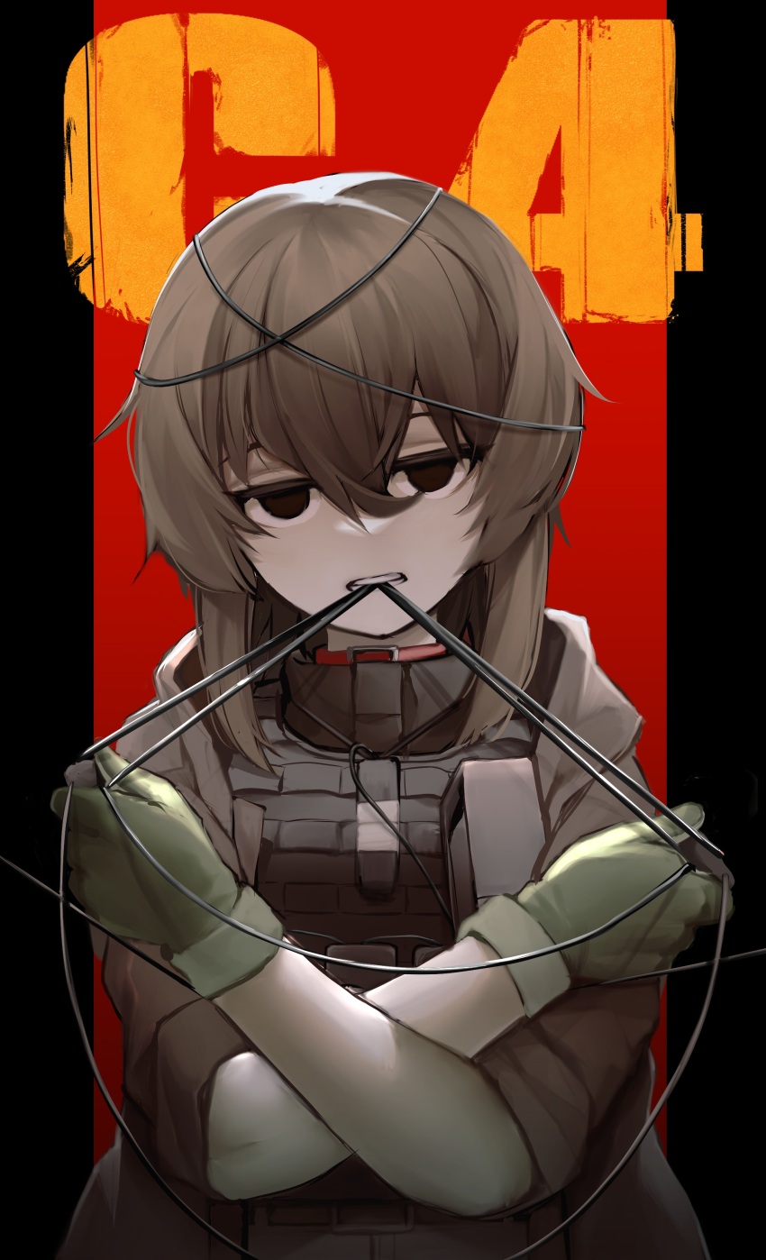 1girl absurdres biting black_eyes brown_gloves brown_hair brown_shirt bulletproof_vest c4 crossed_arms explosive expressionless gloves hair_between_eyes head_tilt highres karinn_(ka941) long_hair long_sleeves military military_combat_uniform military_uniform nine_(kanine41) original shirt sidelocks sleeves_rolled_up solo wire
