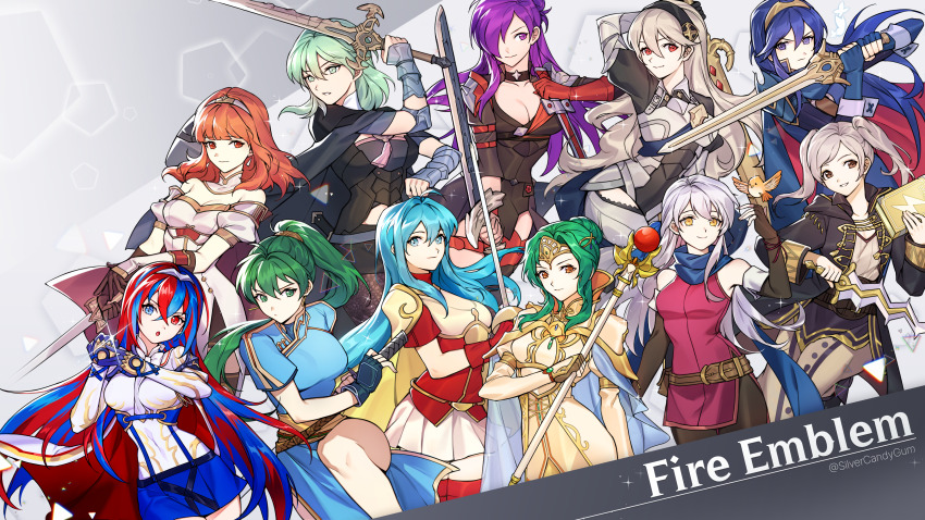 6+girls :o absurdres armor bare_shoulders belt black_choker black_gloves black_hairband black_robe blue_dress blue_eyes blue_hair blue_scarf blue_skirt book breastplate breasts celica_(fire_emblem) choker cleavage commentary commission dress eirika_(fire_emblem) elbow_gloves elincia_ridell_crimea elincia_ridell_crimea_(undaunted_queen) falchion_(fire_emblem) female_alear_(fire_emblem) female_byleth_(fire_emblem) female_corrin_(fire_emblem) female_robin_(fire_emblem) female_shez_(fire_emblem) fingerless_gloves fire_emblem fire_emblem:_radiant_dawn fire_emblem:_the_blazing_blade fire_emblem:_the_sacred_stones fire_emblem:_three_houses fire_emblem_awakening fire_emblem_echoes:_shadows_of_valentia fire_emblem_engage fire_emblem_fates fire_emblem_warriors:_three_hopes gloves green_eyes green_hair grey_hair hair_over_one_eye hairband heterochromia highres holding holding_book holding_staff holding_sword holding_weapon levin_sword long_hair long_sleeves looking_at_viewer lucina_(fire_emblem) lyn_(fire_emblem) medium_breasts micaiah_(fire_emblem) miniskirt multicolored_hair multiple_girls nintendo off-shoulder_dress off_shoulder open_mouth pauldrons pink_hair pixiv_commission purple_dress purple_eyes purple_hair rapier red_eyes red_hair red_shirt robe scarf shirt short_dress short_sleeves shoulder_armor silvercandy_gum skirt sleeveless sleeveless_dress small_breasts staff streaked_hair sword sword_of_the_creator tiara twintails very_long_hair weapon white_hair white_shirt yato_(fire_emblem) yellow_eyes