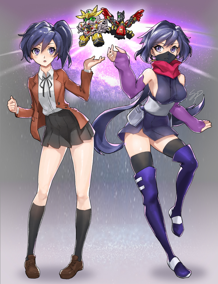 10s 2girls armed_armor_hattori ayame_(gundam_build_divers) black_hair black_legwear blazer boots breasts brown_footwear chibi commentary dual_persona elbow_gloves fujisawa_aya_(gundam_build_divers) gloves green_eyes gundam gundam_build_divers highres jacket japanese_clothes kimono knee_boots large_breasts light light_particles long_hair long_sleeves low_ponytail mask mecha miniskirt mouth_mask multiple_girls ninja ninja_mask non-humanoid_robot nt-d ponytail purple_eyes red_scarf ribbon robot robot_animal robot_bird rx-zeromaru scarf school_uniform sd_gundam short_kimono side_ponytail signature skirt sleeveless small_breasts spikeagul split_ponytail thighhighs thighhighs_under_boots