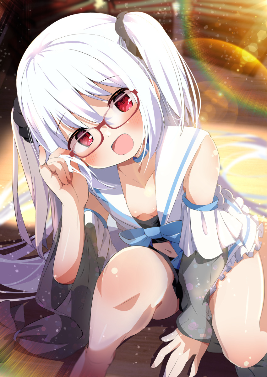 1girl :d absurdres bare_shoulders between_legs black_scrunchie blue_bow blue_choker blurry blurry_background blush bow breasts choker collarbone commission depth_of_field detached_sleeves frills glasses grey_sleeves hair_between_eyes hair_ornament hand_between_legs hand_up head_tilt highres knee_up lens_flare long_hair long_sleeves looking_at_viewer navel open_mouth original red-framed_eyewear red_eyes sailor_collar scrunchie see-through_clothes see-through_sleeves semi-rimless_eyewear shiro9jira shirt sitting skeb_commission skirt sleeveless sleeveless_shirt small_breasts smile solo twintails two_side_up under-rim_eyewear very_long_hair white_hair white_sailor_collar white_shirt white_sleeves wide_sleeves