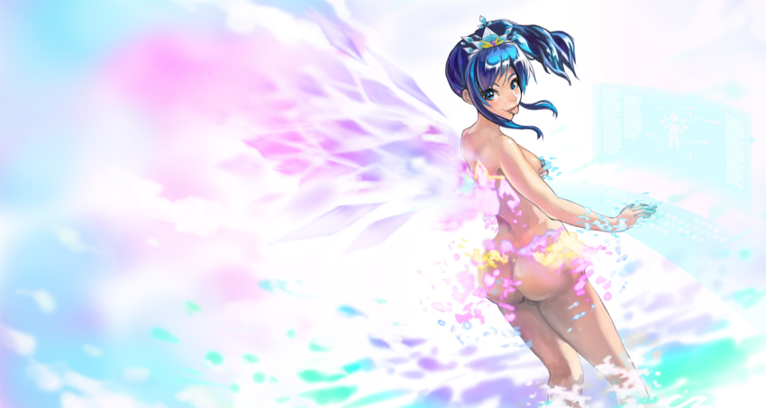1girl :p ass blue_eyes blue_hair comic-z covering_nipples covering_privates fairy fairy_wings female_focus from_behind hair_ornament long_hair looking_at_viewer looking_back matching_hair/eyes nude original sidelocks solo tongue tongue_out wading wings