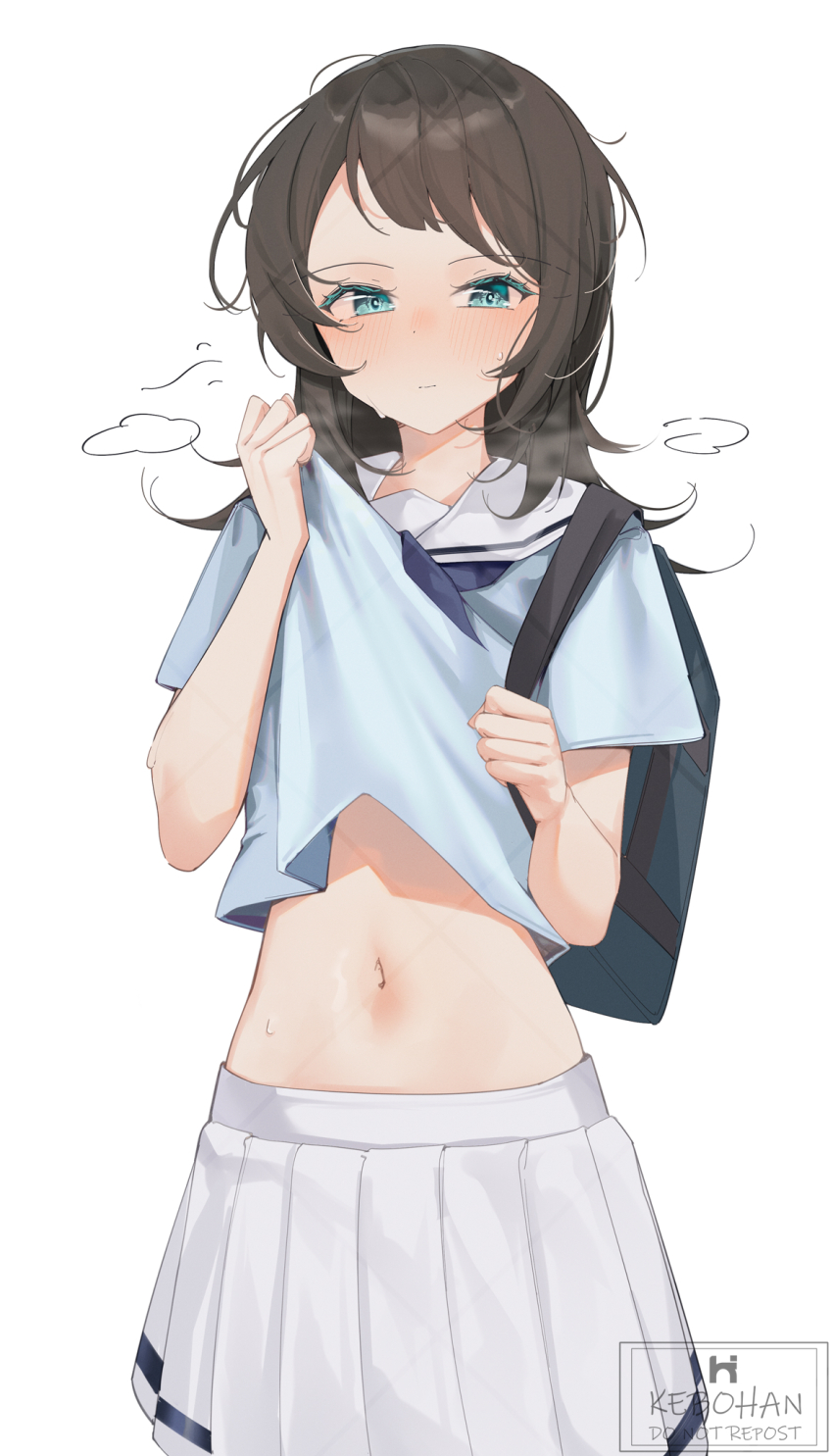 1girl bag bang_dream! bang_dream!_it&#039;s_mygo!!!!! black_hair blue_bag blue_neckerchief blush closed_mouth clothes_lift cowboy_shot hanasakigawa_school_uniform highres kebohan medium_hair midriff navel neckerchief pleated_skirt sailor_collar school_bag school_uniform serafuku shirt_lift short_sleeves shoulder_bag simple_background skirt solo sweat white_background white_sailor_collar white_skirt yahata_umiri