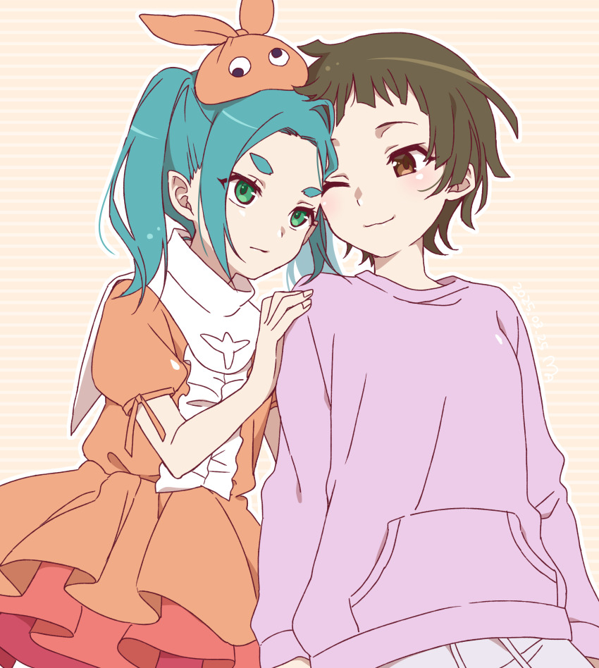 absurdres aqua_hair brown_eyes brown_hair closed_mouth commentary_request cowboy_shot dress eye_contact googly_eyes green_eyes hand_on_another&#039;s_shoulder hat highres layered_dress long_hair long_sleeves looking_at_another manimani_(mani_ma) monogatari_(series) nademonogatari one_eye_closed ononoki_yotsugi orange_dress orange_hat present_nadeko purple_sweater sengoku_nadeko short_eyebrows short_hair short_sleeves side-by-side smile sweater thick_eyebrows twintails