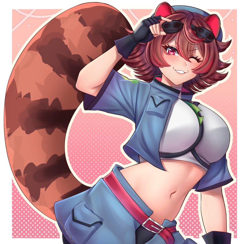 0sunnyneko0 1girl adjusting_goggles animal_ears arm_at_side artist_name belt bike_shorts black_gloves black_shorts blue_hat blue_jacket blue_skirt border breasts cowboy_shot cropped_jacket cropped_shirt dot_nose eyebrows eyelashes female_focus fingerless_gloves gloves goggles goggles_on_head grin hat highres indie_virtual_youtuber jacket large_breasts looking_at_viewer midriff navel one_eye_closed open_clothes open_jacket pink_background raccoon_ears raccoon_girl raccoon_tail rakkun_sutaru rakkun_sutaru_(4th_costume) red_belt red_eyes shirt short_sleeves shorts simple_background skirt smile solo standing tail teeth upper_body virtual_youtuber white_border white_shirt