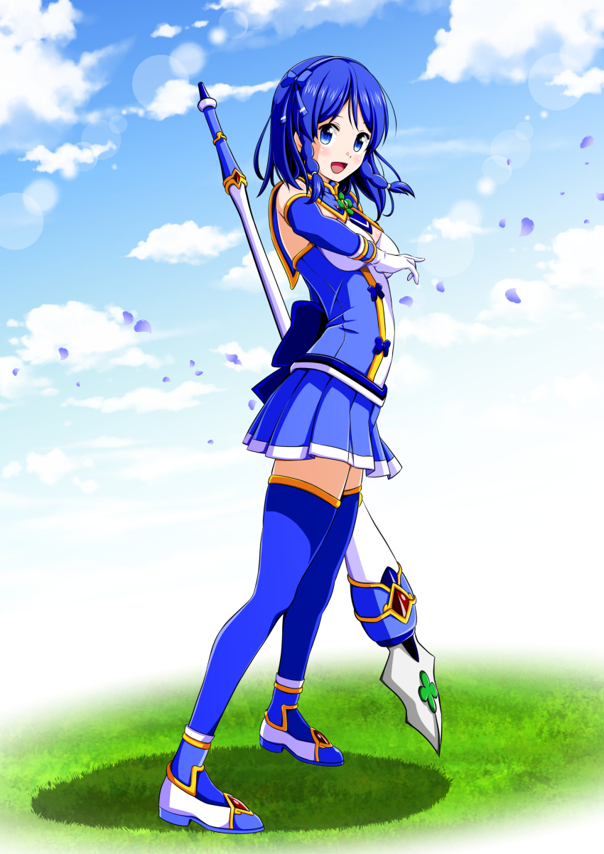 1girl absurdres ankle_boots arched_back back_bow bare_shoulders blue_bow blue_capelet blue_dress blue_eyes blue_hair blue_hairband blue_skirt blue_sleeves blue_thighhighs blush body_blush boots bow braid braided_sidelock breasts brooch capelet clover clover_cobalt collared_dress covered_navel dark_blue_hair detached_sleeves dress four-leaf_clover from_side gloves hair_between_eyes hair_ornament hairband happy highres jewelry koeda0111 large_bow looking_at_viewer magical_girl medium_breasts medium_hair miniskirt open_mouth original pleated_skirt shimono_aoi short_dress side_braid skirt sleeveless sleeveless_dress slim_legs solo staff standing thighhighs yotsuba_no_senki_clover_rose zettai_ryouiki