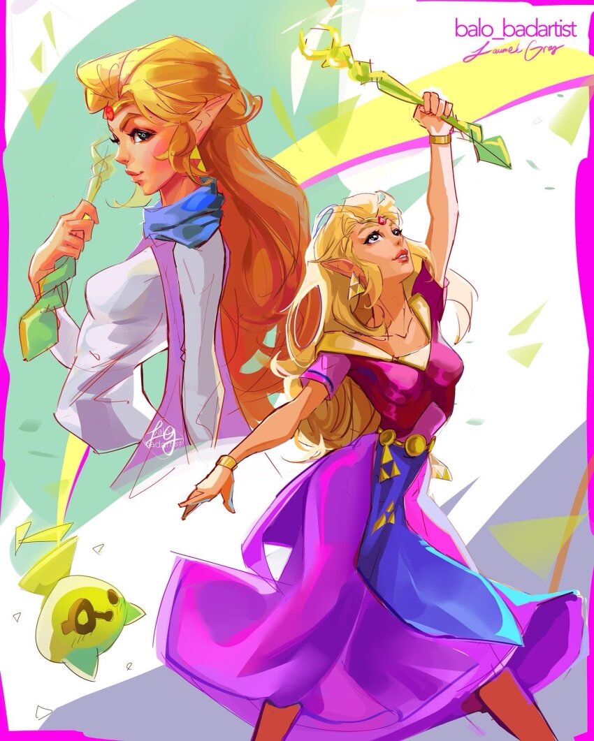 1girl artist_name balo_badartist blonde_hair blue_scarf breasts dress earrings feet_out_of_frame highres holding holding_wand jewelry long_dress long_hair long_sleeves medium_breasts multiple_views nintendo parted_lips pink_dress princess_zelda scarf short_sleeves sidelocks the_legend_of_zelda the_legend_of_zelda:_echoes_of_wisdom tiara triforce upper_body wand