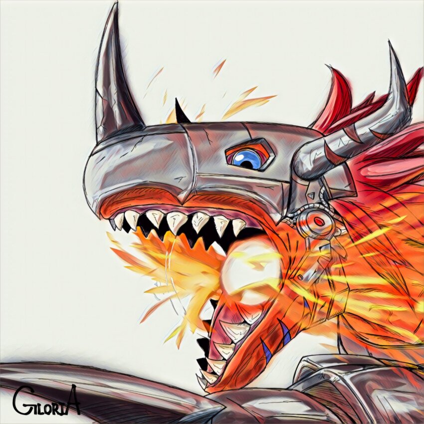 breath_weapon breathing_fire cyborg digimon digimon_(creature) fire gloria_(ggggggsan1) grey_background highres horns mechanical_arms metalgreymon open_mouth red_hair sharp_teeth simple_background single_mechanical_arm solo teeth upper_body