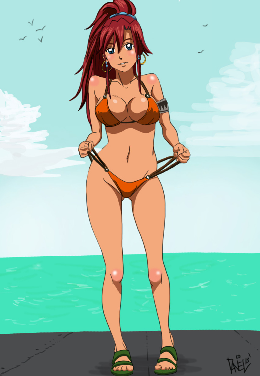 1girl artist_name beach bellows_(suisei_no_gargantia) bikini bikini_pull blue_eyes blush breasts cleavage clothes_pull feet highres large_breasts legs long_hair looking_at_viewer navel ocean orange_bikini parted_lips red_hair sandals smile solo suisei_no_gargantia swimsuit teasing thighs water
