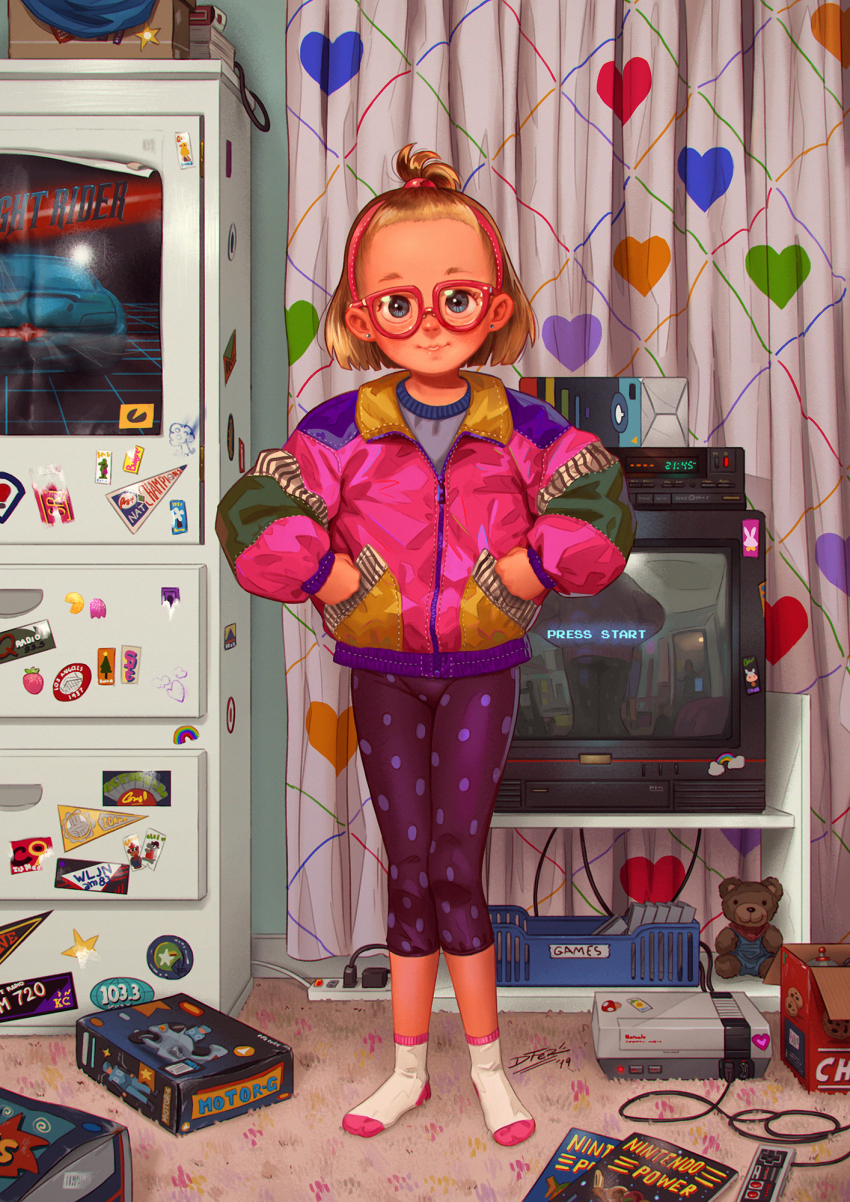 10s 1girl 2019 blonde_hair blue_eyes blue_shirt box cardboard_box chest_of_drawers controller cookie cow curtains earrings flat_chest food fruit game_console game_controller glasses hairband heart heart_print highres idfer jacket jewelry k.i.t.t knight_rider long_sleeves looking_at_viewer magazine_(object) mario_(series) namco nes nes_cartridge nes_controller nintendo nintendo_power pac-man pac-man_(game) pants pink_jacket pinky_(pacman) polka_dot polka_dot_pants poster_(object) power_strip purple_pants rabbit rainbow shirt short_hair smile socks standing star_(symbol) sticker strawberry stuffed_animal stuffed_toy super_mushroom teddy_bear television topknot videocassette_recorder white_socks