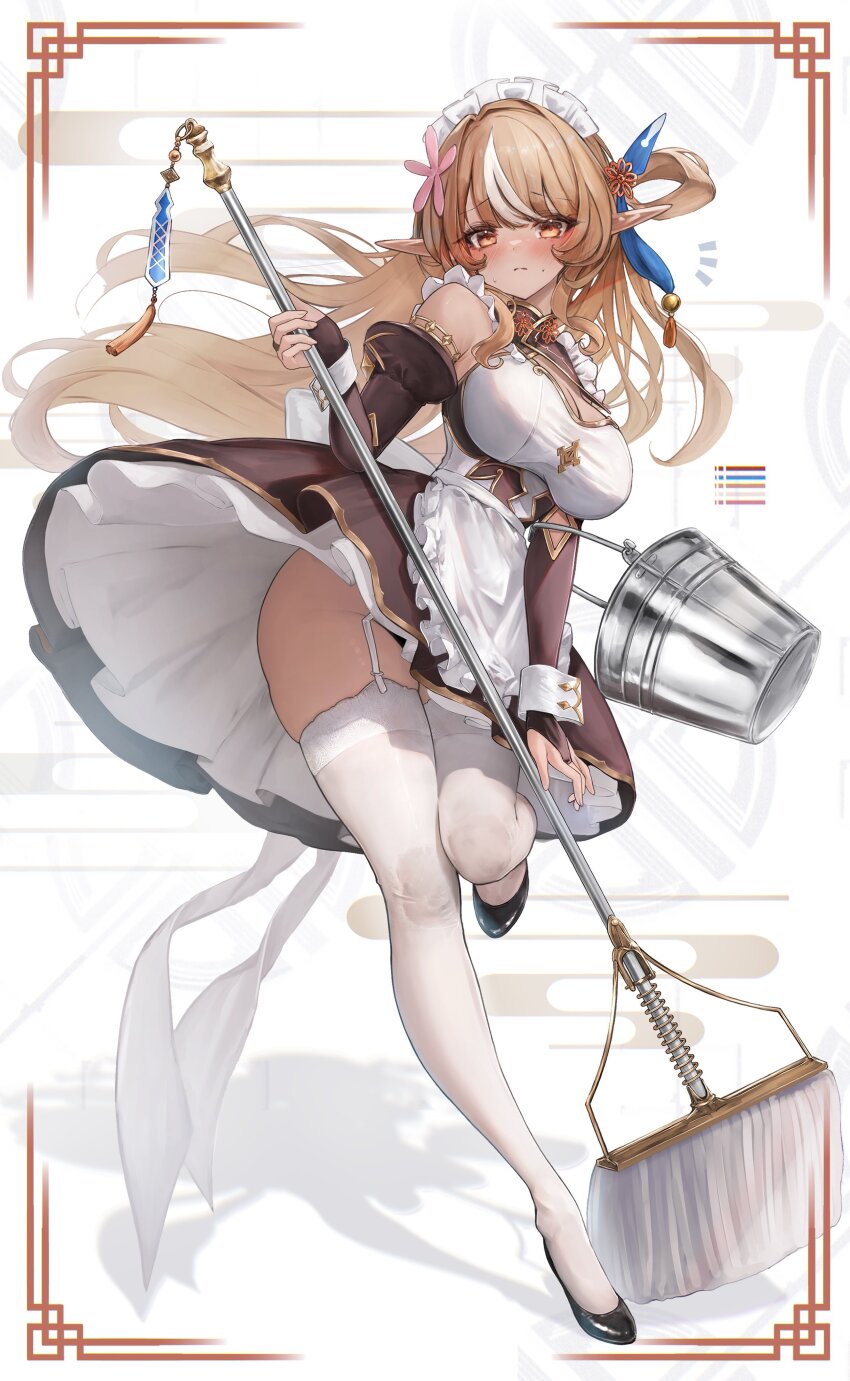 1girl absurdres bare_shoulders black_dress blonde_hair blush breasts cleavage dark-skinned_female dark_elf dark_skin dress elf full_body garter_straps grey_background highres holding holding_mop hololive large_breasts maid maid_headdress maison_de_cante missing_commentary mop multicolored_hair pointy_ears shadow shiranui_flare solo streaked_hair thighhighs two-tone_hair virtual_youtuber white_hair white_thighhighs yellow_eyes