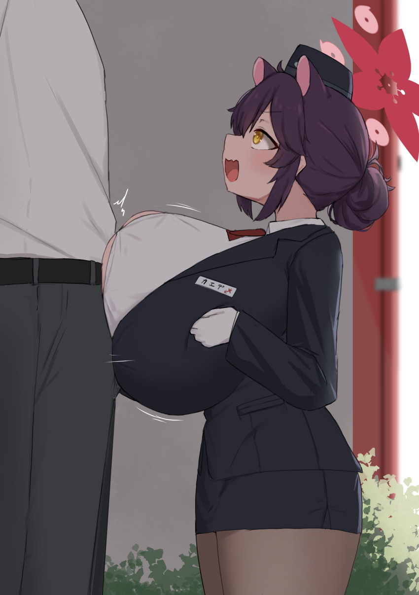 1boy 1girl absurdres animal_ears bar_censor black_hair blue_archive blush breasts censored clothes erection grabbing_own_breast head_out_of_frame height_difference hetero highres huge_breasts kaede_(blue_archive) long_hair looking_at_viewer noe_(ppppriver) open_mouth paizuri paizuri_under_clothes perpendicular_paizuri shortstack standing_paizuri yellow_eyes