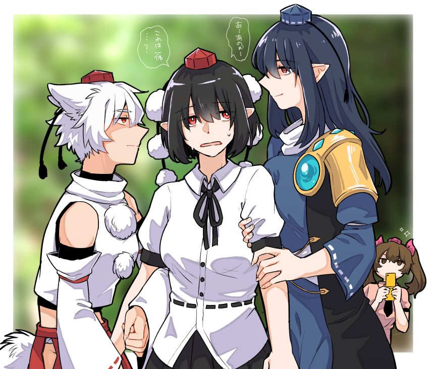 4girls animal_ears armor black_coat black_hair black_necktie black_ribbon blue_dress blue_hair blue_hat breast_press breasts camera_phone cellphone closed_mouth coat collared_shirt commentary_request detached_sleeves dress eye_contact false_smile flip_phone hat highres himekaidou_hatate hip_vent holding holding_another&#039;s_arm holding_phone iizunamaru_megumu inubashiri_momiji long_hair long_sleeves looking_at_another love_triangle min.k multiple_girls neck_ribbon necktie no_wings open_mouth pauldrons phone pink_hat pink_shirt pointy_ears pom_pom_(clothes) red_eyes red_hat red_skirt ribbon ribbon-trimmed_sleeves ribbon_trim shaded_face shameimaru_aya shirt short_hair short_sleeves shoulder_armor shoulder_guard single_pauldron skirt sleeveless sleeveless_coat smile speech_bubble surcoat sweatdrop tail tokin_hat touhou translation_request twintails white_hair white_shirt wolf_ears wolf_girl wolf_tail yuri