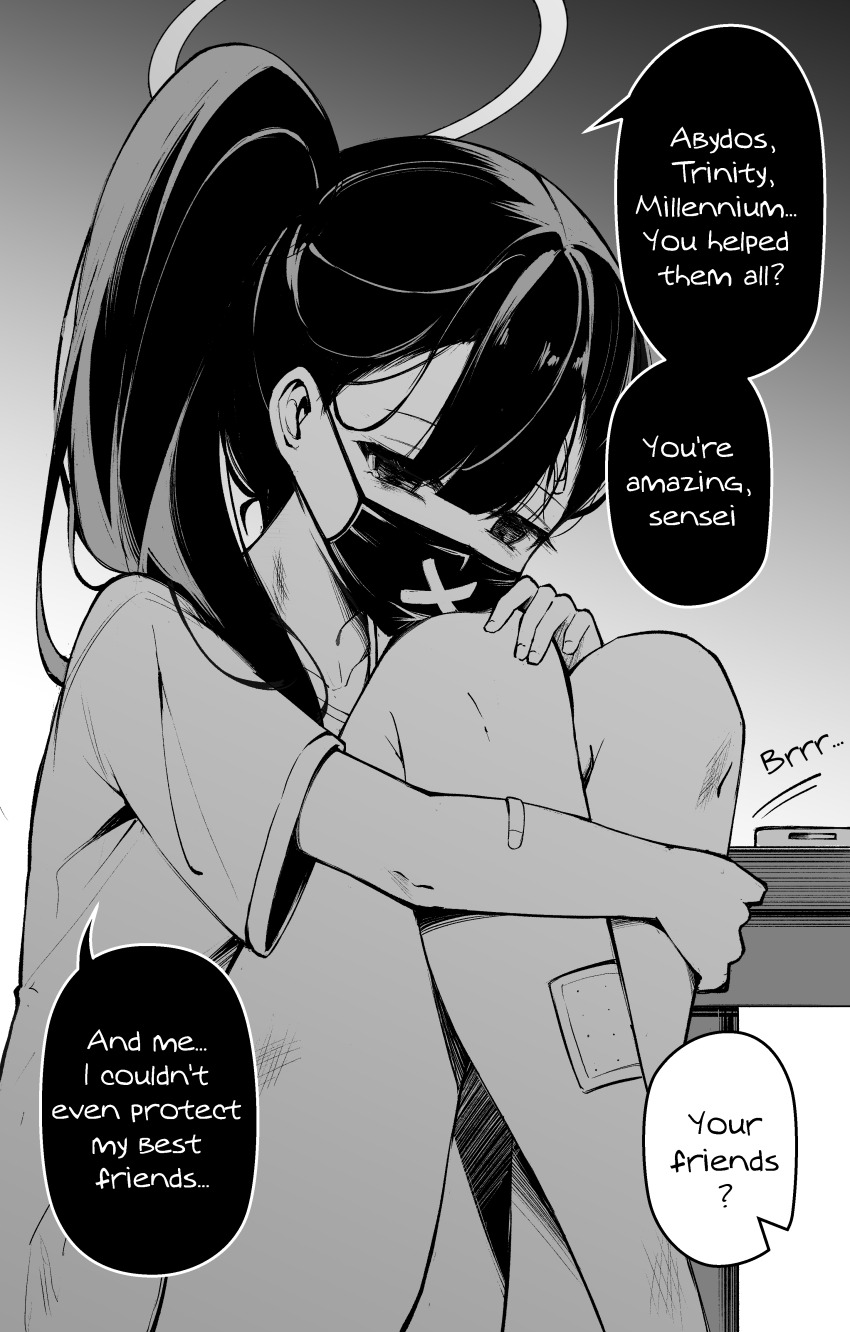 1girl absurdres bags_under_eyes bandaid bandaid_on_arm bandaid_on_leg bare_legs blue_archive blunt_bangs clover_dot_(clov_erd) greyscale hair_between_eyes hand_on_own_knee hand_on_own_leg highres looking_down mask monochrome mouth_mask ponytail scratches shirt sidelocks sukeban_(smg)_(blue_archive) surgical_mask tears white_shirt