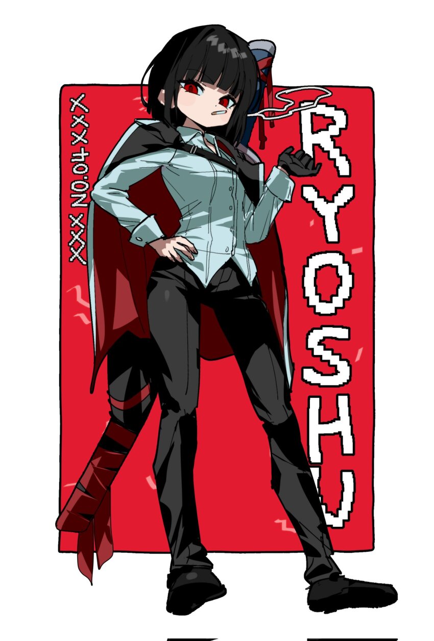 1girl artist_request black_gloves black_hair black_jacket black_pants black_shoes blunt_bangs bob_cut check_artist full_body gloves highres jacket jacket_on_shoulders limbus_company long_sleeves ootachi pants project_moon red_background ryoshu_(project_moon) shirt shoes short_hair single_glove solo white_shirt