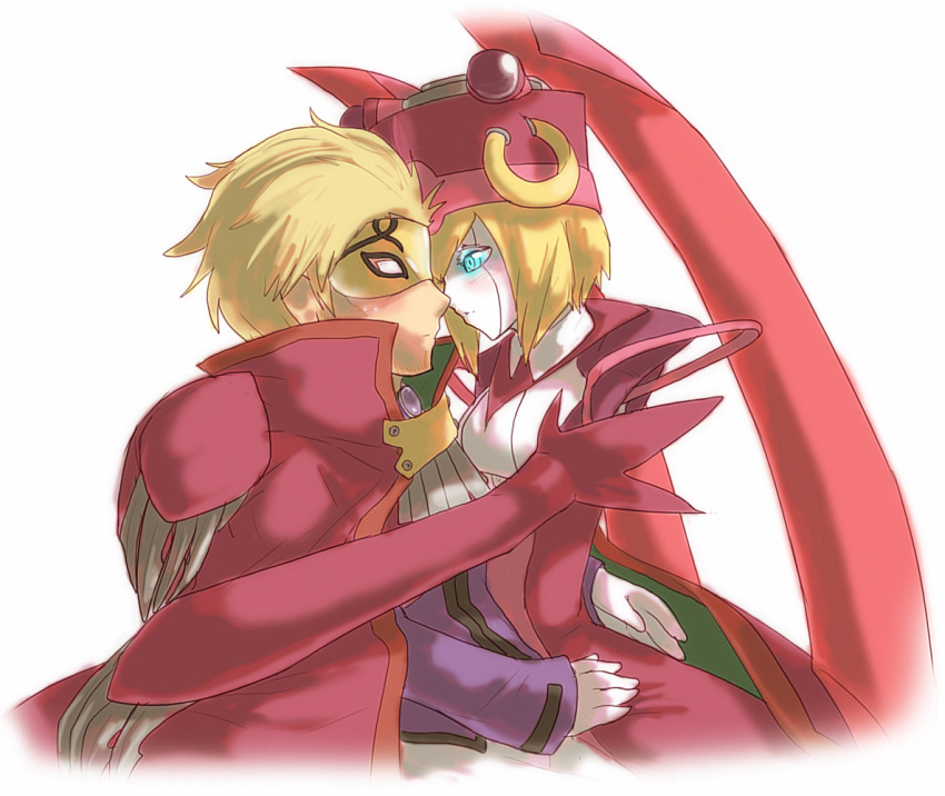 android aqua_eyes arc_system_works blazblue blonde_hair blush cape crazy_eyes domino_mask hug ignis_(blazblue) mask relius_clover robot_ears white_background white_eyes