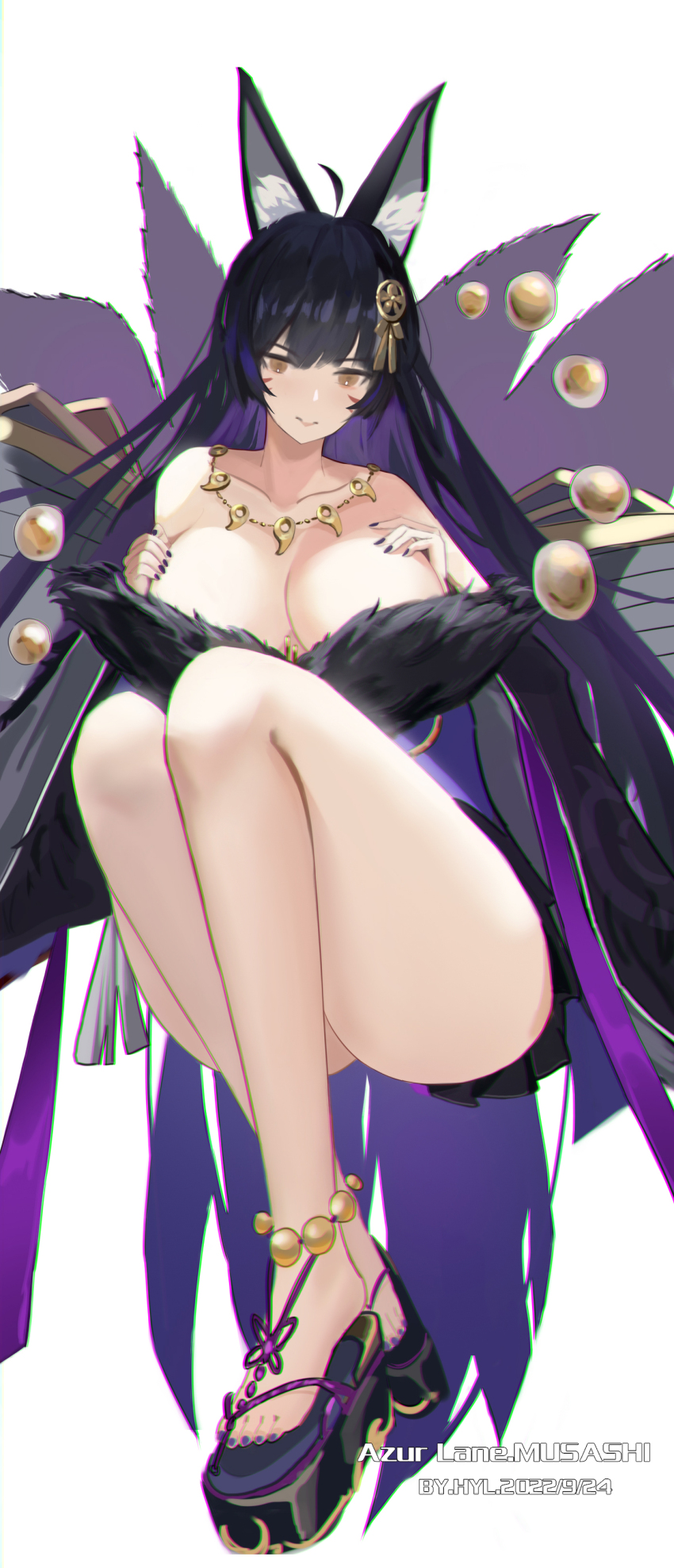 1girl absurdres animal_ear_fluff animal_ears azur_lane bare_shoulders beads black_hair black_kimono breasts character_name cleavage collarbone facial_mark fox_ears fox_girl fox_tail full_body fur-trimmed_kimono fur_trim highres huge_breasts japanese_clothes jewelry kimono kitsune kyuubi long_hair looking_at_viewer low_neckline magatama magatama_necklace multiple_tails musashi_(azur_lane) nail_polish necklace prayer_beads simple_background skirt_under_kimono solo tail very_long_hair whisker_markings white_background xuechu yellow_eyes