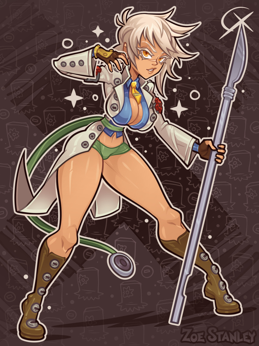 1girl blazblue bleedingpervert boots breasts bullet_(blazblue) cleavage cosplay crop_top dark-skinned_female dark_skin faust_(guilty_gear)_(cosplay) fingerless_gloves gloves highres large_breasts long_sleeves micro_shorts necktie short_hair shorts white_hair yellow_eyes