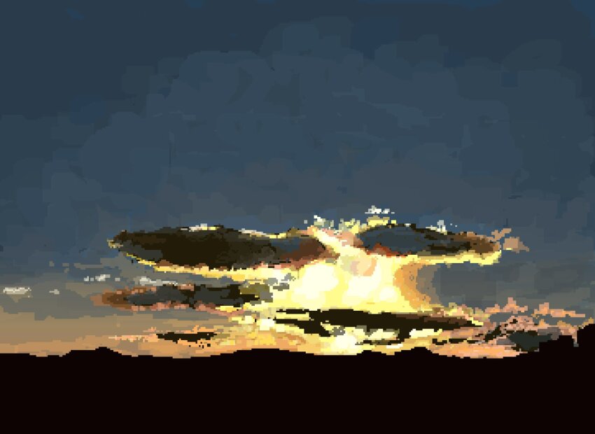 black_clouds dark glowing gradient_sky highres hisachan55cute mountainous_horizon no_humans original pixel_art scenery silhouette sky sky_focus sunrise