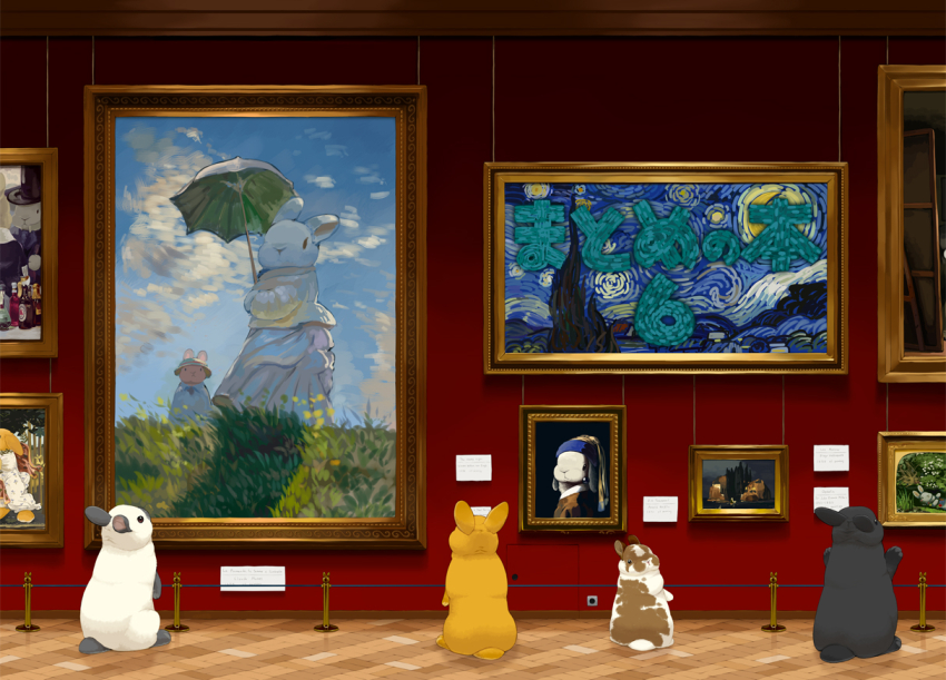 animal_focus black_rabbit_(animal) cloud comiket_102 commentary_request dog dress fine_art_parody girl_with_a_pearl_earring grass indoors lilac_(p-f_easy) looking_at_object looking_up museum no_humans ophelia_(painting) painting_(object) parody picture_frame rabbit rope shadow starry_night umbrella vincent_van_gogh_(style) welsh_corgi white_dress white_rabbit_(animal) woman_with_a_parasol