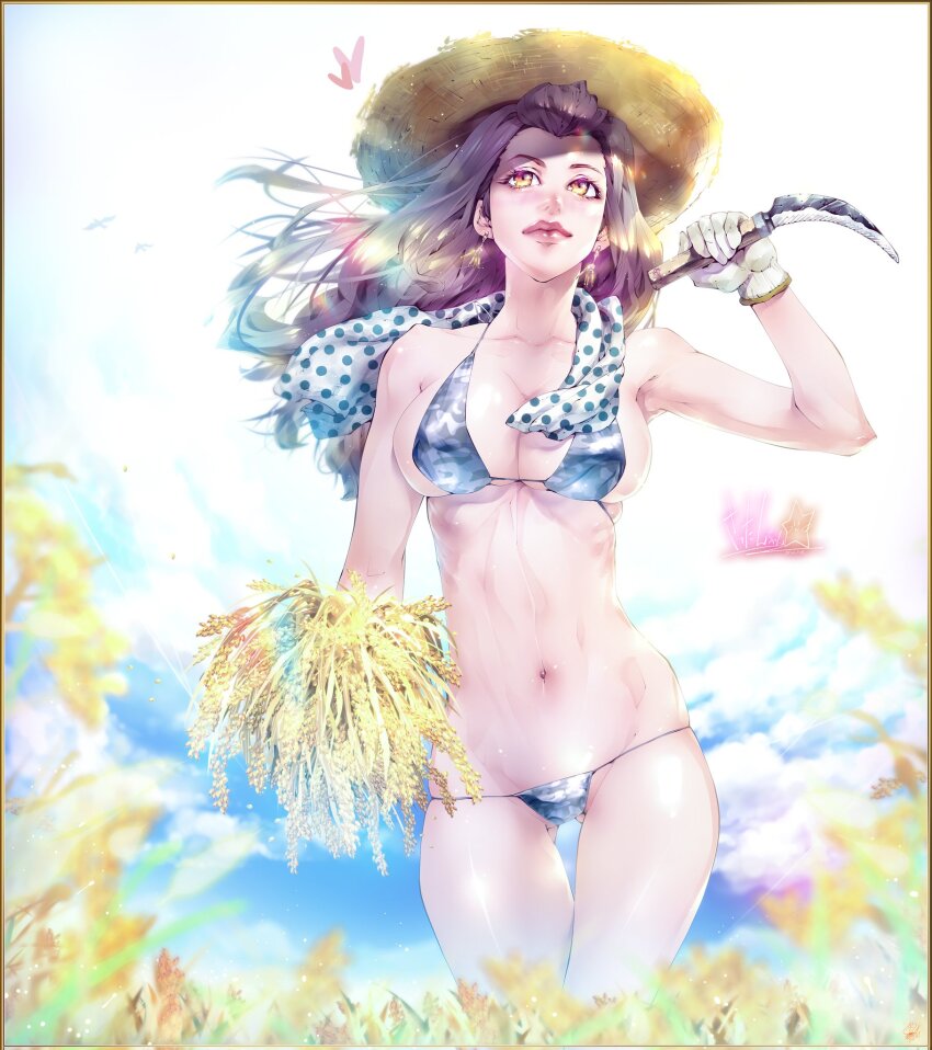 1girl artist_request bikini breasts groin highres large_breasts lips lowleg micro_bikini navel ribs scythe sweat sweatdrop swimsuit tagme