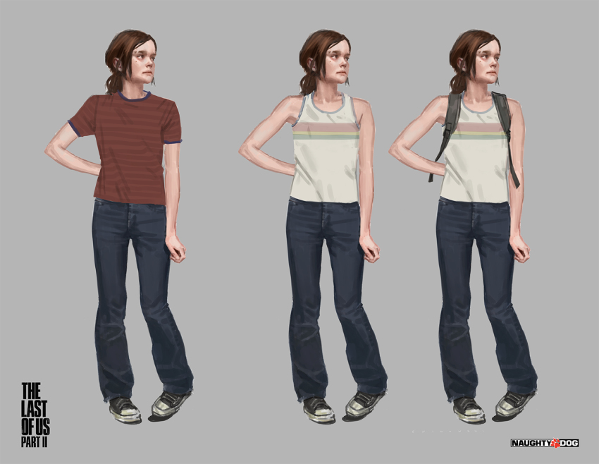 1girl alternate_costume ashley_swidowski backpack bag breasts brown_hair collarbone concept_art denim ellie_(the_last_of_us) eyebrow_cut grey_background jeans low_ponytail official_art pants ponytail shirt shoes small_breasts sneakers striped_clothes striped_shirt t-shirt tank_top the_last_of_us_(series) the_last_of_us_2