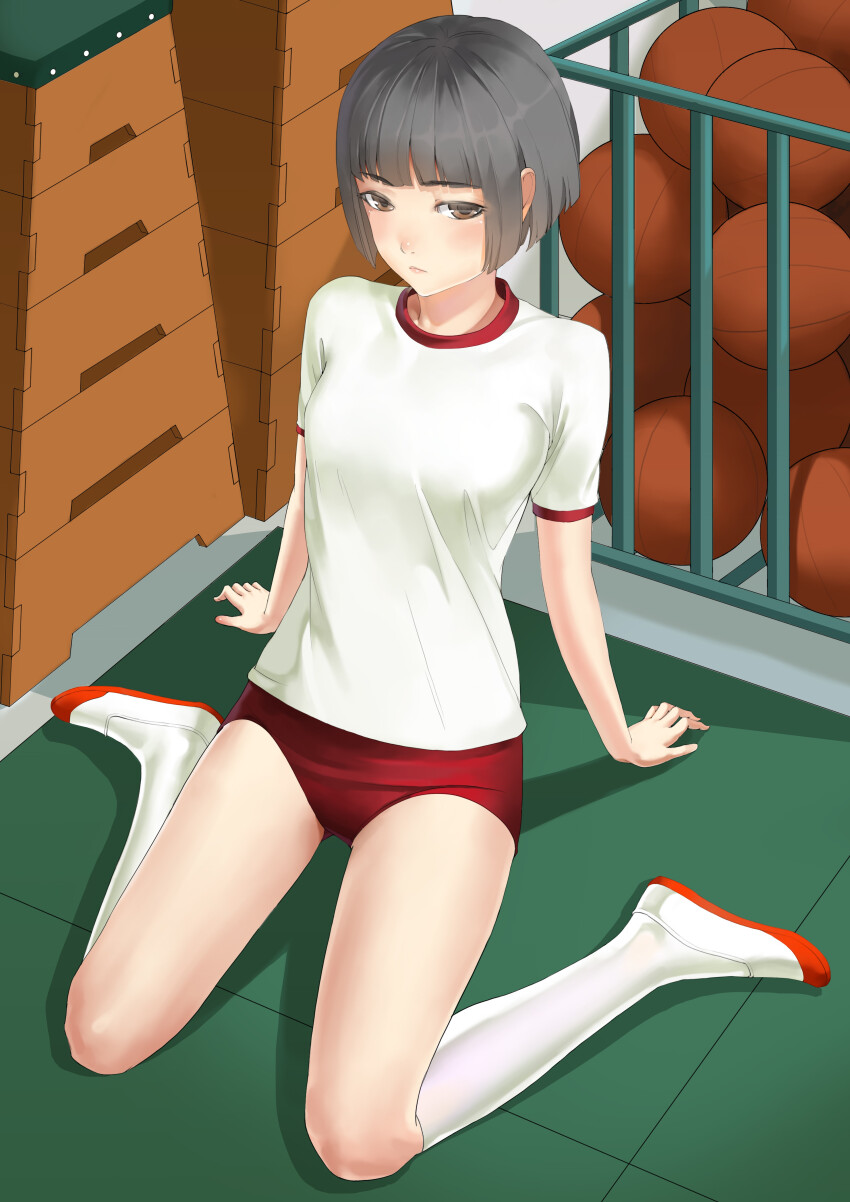 1girl absurdres arm_support ball basketball_(object) blunt_bangs blunt_ends brown_eyes buruma expressionless grey_hair gym_storeroom gym_uniform highres kneehighs leaning_back loaf looking_at_viewer mat red_buruma ringer_t-shirt shirt short_hair sideways_glance sitting socks t-shirt vaulting_horse wariza wedee white_shirt white_socks