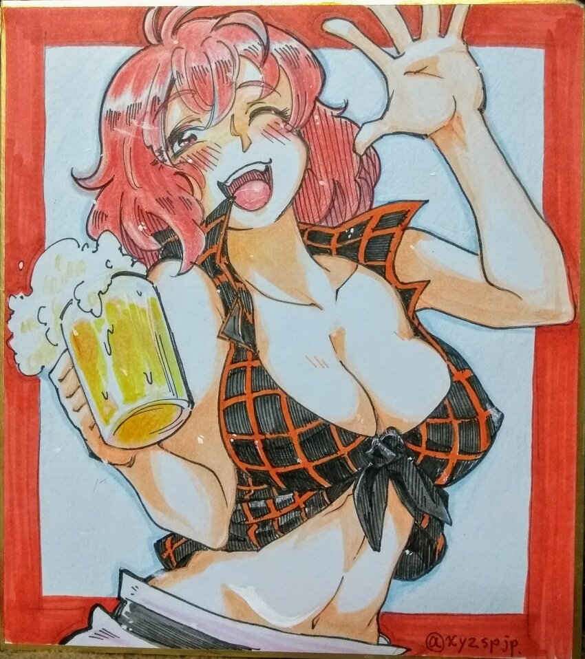 1girl ;d alcohol beer beer_mug black_shirt blush breasts cleavage commentary_request covered_erect_nipples cup highres holding holding_cup horikawa_raiko large_breasts looking_at_viewer mug navel nunnun_(shunka_shuutou) one_eye_closed open_mouth plaid_clothes plaid_shirt red_eyes red_hair shikishi shirt short_hair smile solo teeth touhou traditional_media twitter_username upper_body upper_teeth_only