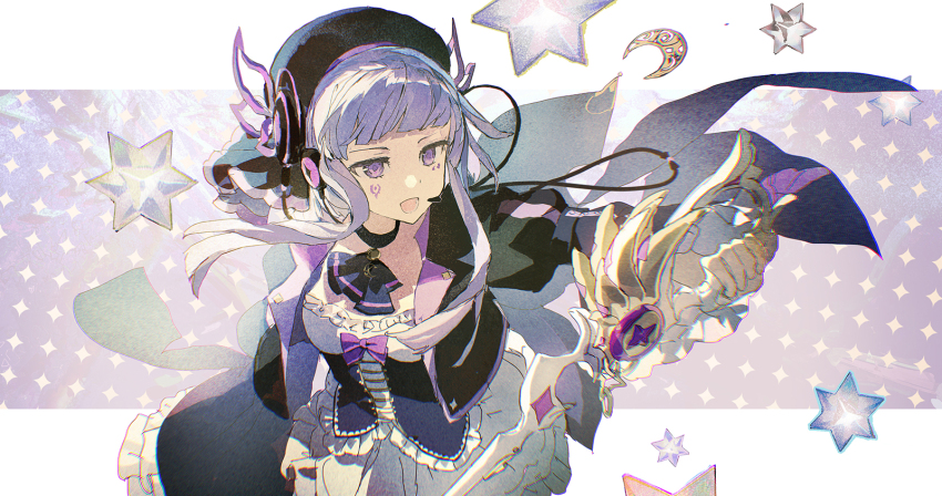 1girl abstract_background arcaea beret black_corset black_hat black_jacket bow bowtie commentary corset cropped_jacket detached_collar english_commentary facial_mark hat headphones highres holding holding_sword holding_weapon jacket letterboxed lobelia_(saclia) long_hair looking_to_the_side luna_(arcaea) purple_background purple_bow purple_bowtie purple_eyes sidelocks skirt solo star_(symbol) sword weapon white_skirt