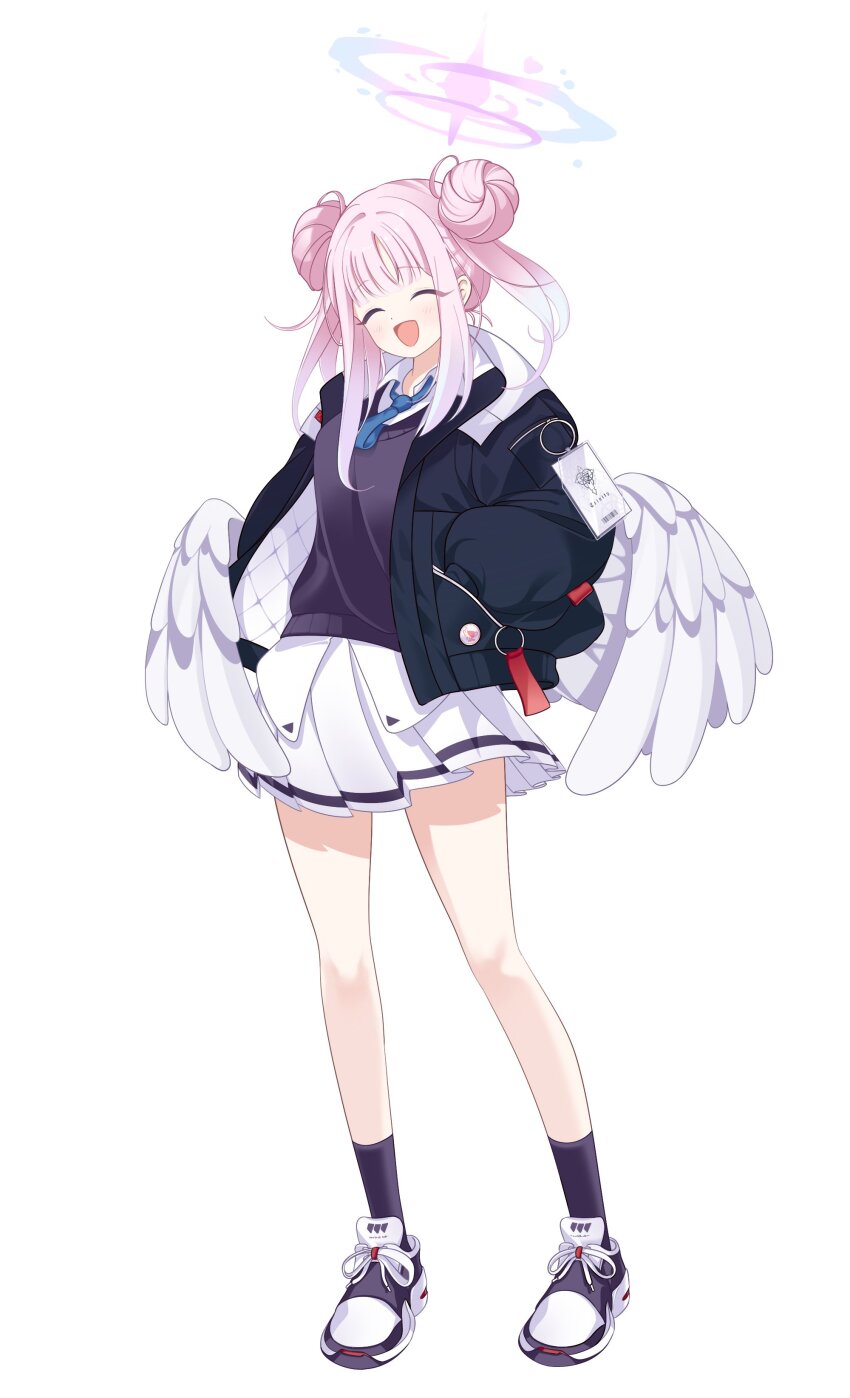 1girl :d ^_^ absurdres alternate_hairstyle angel_wings black_jacket black_shoes black_socks blue_archive blue_necktie blue_sweater_vest blush closed_eyes cosplay double_bun facing_viewer feathered_wings full_body gradient_halo hair_bun halo hand_in_pocket happy highres hood hooded_jacket ihatebeansalad jacket kneehighs long_hair low_wings maki_(blue_archive) maki_(blue_archive)_(cosplay) mika_(blue_archive) miniskirt multicolored_halo necktie open_clothes open_jacket open_mouth pink_hair pink_halo pleated_skirt shoes simple_background skirt smile sneakers socks solo standing sweater_vest white_background white_skirt white_wings wings