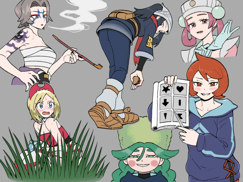 6+girls adjusting_clothes adjusting_gloves akari_(pokemon) anya&#039;s_heh_face_(meme) arezu_(pokemon) asymmetrical_hair bent_over black_hair blonde_hair blue_eyes blush blush_stickers bracelet braid bright_pupils brown_footwear character_tattoo charm_(pokemon) commentary_request cowlick facepaint fur_hat gastly gen_1_pokemon gloves grass green_eyes green_hair green_headwear grey_background grin hairband hat headscarf highres hisuian_poke_ball holding holding_poke_ball irida_(pokemon) jacket jewelry long_hair meme multiple_girls nintendo nutkingcall open_mouth pantyhose pesselle_(pokemon) pointer pointing poke_ball pokemon pokemon_legends:_arceus ponytail red_hairband red_scarf sabi_(pokemon) scarf shirt shoes sidelocks skirt smile smoking strapless strapless_shirt sweat teeth tongue tongue_out twin_braids white_headscarf